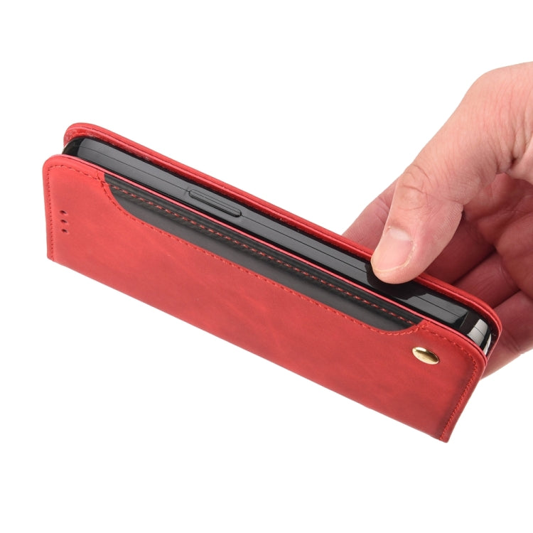Red splicing leather phone case for Samsung Galaxy A05s, featuring a wallet design with card slot and stand functionality.